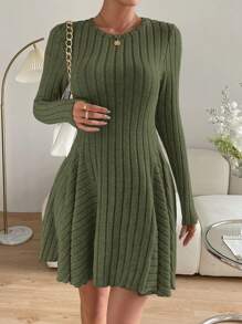 SHEIN Essnce 女士纯色圆领罗纹休闲短款长袖连衣裙