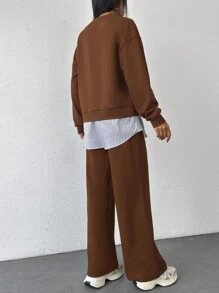 EURMUSE Cotton Fashionable Patchwork Sweatshirt & Sweatpants Set - Brown - View 2