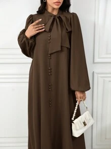 Al Najma 女士优雅纯色灯笼袖系带领阿拉伯连衣裙，适合秋季，朴素优雅的 A 字型阿拉伯连衣裙，适合休闲日常