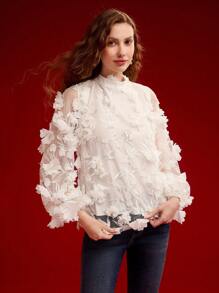 MOTF PREMIUM FLORAL APPLIQUED CONTRAST MESH BLOUSE,VALENTINE'S DAY,SPRING/SUMMER