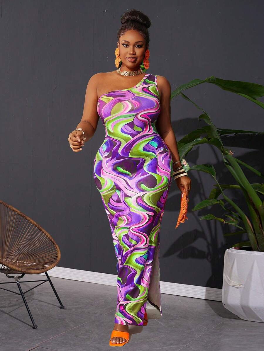Slaydiva New 2025 Curve Plus Size Sexy Fashion Women One Shoulder Print Side Split Simple Bodycon Summer Dress Maxi Dress Spring/Summer - Multicolor - View 1