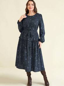 SHEIN Clasi 大码女式花朵泡泡袖系腰秋冬连衣裙长款女装 - 彩色 - 查看 3