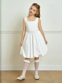 SHEIN Tween Girls Elegant Minimalist Knitted Ruffle White Dress, Suitable For Summer And Spring Wear, Great For Dates, And Vacations - White - View 4