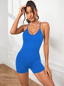 Easithlete 女士纯色露背交叉吊带背心连体裤，适合日常健身和运动 - 藍色 - 查看 4
