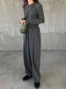 FRIFUL Women Autumn Round Neck Long Sleeve Ribbed Casual Versatile T-Shirt