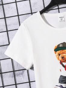 2pcs Young Boy Cartoon Bear Print Round Neck Short Sleeve T-Shirt And Shorts Casual Set