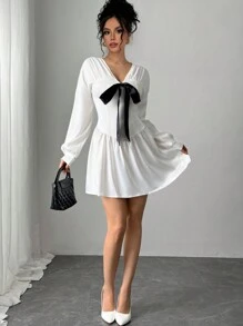 SHEIN Unity Faux Silk V-Neck Long Sleeve Pleated Bow Decor Elegant Short Dress - White - View 5