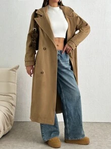 SHEIN Tall Double Breasted Button Detailed Drop Shoulder Long Overcoat - Rust Brown - View 1