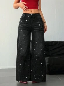 SHEIN Tall 女士牛仔裤 高腰女士牛仔裤 黑色低腰宽松闪亮水钻牛仔裤 牛仔裤 闪亮牛仔裤 宽松女士牛仔裤 低腰宽松牛仔裤 女士下装 亮片裤 闪光裤 高腰女士裤子 特卖 - 黑色 - 查看 7