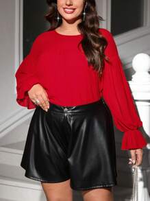 SHEIN Clasi Plus Size Elegant Plain Leather Shorts, Casual & Fashionable For Daily Wear - Black - View 6