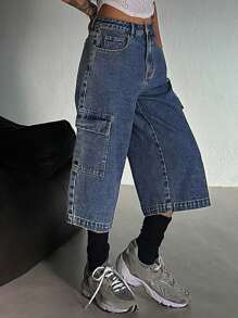 DAZY Pantalones vaqueros de pierna ancha con bolsillos cargo y ajuste holgado casual para mujeres, pantalones cortos de mezclilla