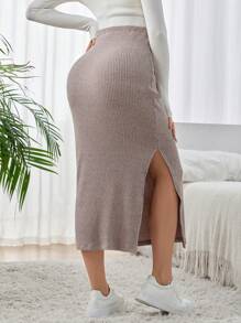SHEIN Maternity Solid Color Adjustable Waist Ribbed Knit Skirt, Casual