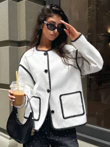 Forever 21 Áo khoác ngoài màu trắng viền đen thời trang thu đông Y2k tay dài dự tiệc năm mới/Đêm giao thừa/Trang phục dạo phố cho nữ - Đen và trắng - Xem 7