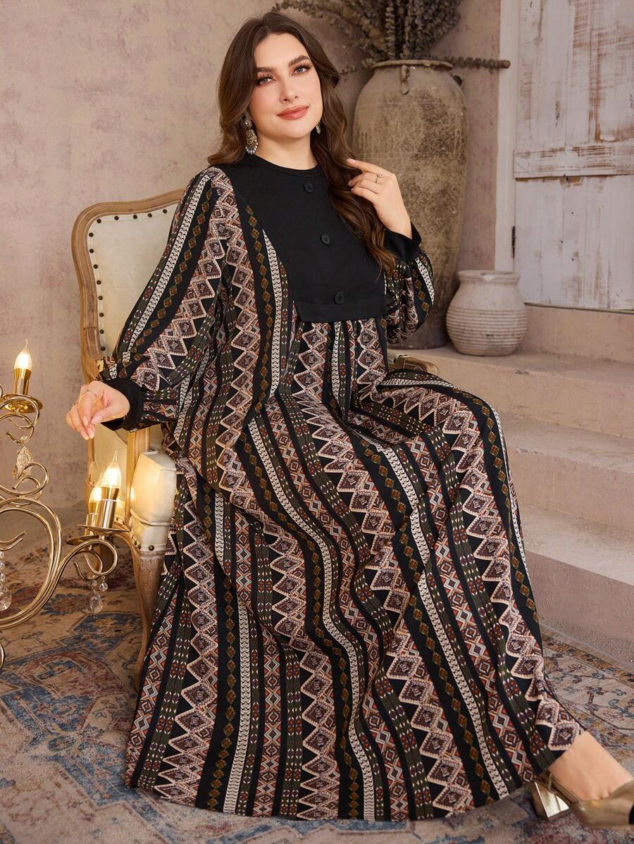 Al Najma Plus Size Women's Round Neck Print Patchwork Lantern Sleeve Loose Casual Everyday Arabian Dress, Modest - Multicolor - View 1