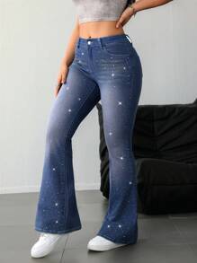 SHEIN ICON 女士蓝色牛仔裤 高弹力牛仔修身喇叭裤 闪亮 Y2k 服装 低腰牛仔裤 - 中等水洗藍 - 查看 4