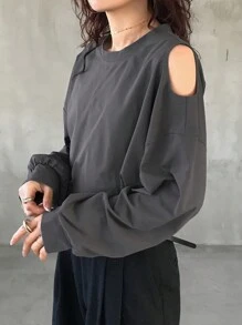 FRIFUL Damska szara jednokolorowa luźna, skrócona koszulka z odkrytymi ramionami, wiosna