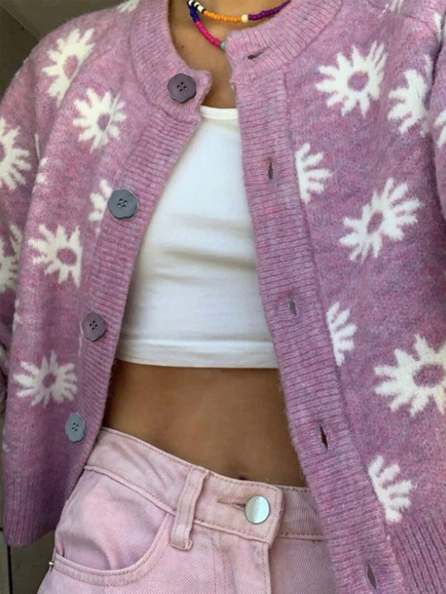 INAWLY Cardigan feminino casual com estampa floral, outono/inverno - Multicolorido - Ver 1