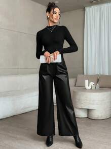 Firerie Women Solid Color Front Button Pocket Simple Long Pants, Casual Daily Wear - Black - View 5