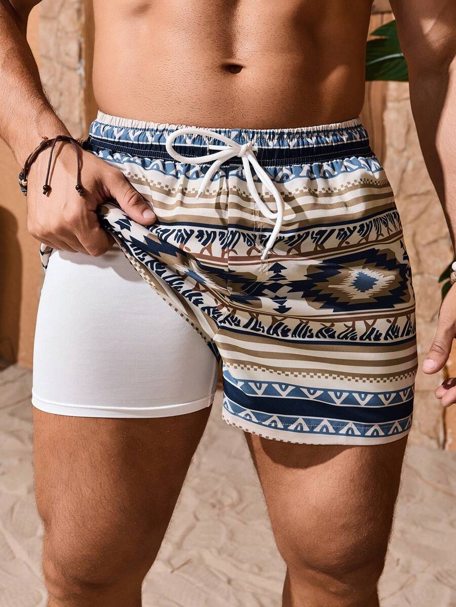 Manfinity VDAYZ 男士系带前口袋印花沙滩短裤，休闲度假，夏威夷风 - 彩色 - 查看 1