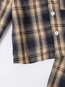 SHEIN 2 件装幼儿男童棕色格子长袖上衣和宽松长裤休闲睡衣套装