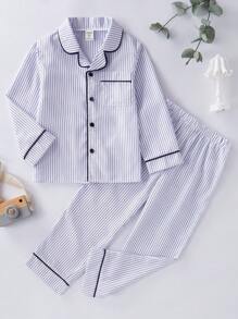 SHEIN 2 Peças Conjunto de Pijama de Calça e Camisa de Manga Longa com Listras Contrastantes para Menino Pequeno, Conjunto Casual de Casa