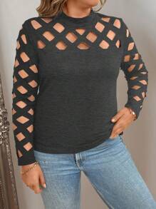 Celure 大码时尚激光烧花镂空长袖 T 恤 - 深灰色 - 查看 3