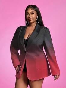 Slaydiva 大码前扣长袖渐变色印花休闲西装外套 - 紅色 - 查看 4