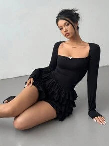 Aloruh Women's Sexy YTK Square Neck  Pink Bow Accent Ruffle Hem Long Sleeve Jumpsuit Long Sleeve Jumpsuit - Black - View 7