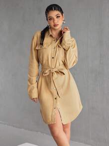 SHEIN EZwear Women's Autumn Long Sleeve Single Breasted Utility Pocket Casual Denim Shirt Dress - Khaki - View 4