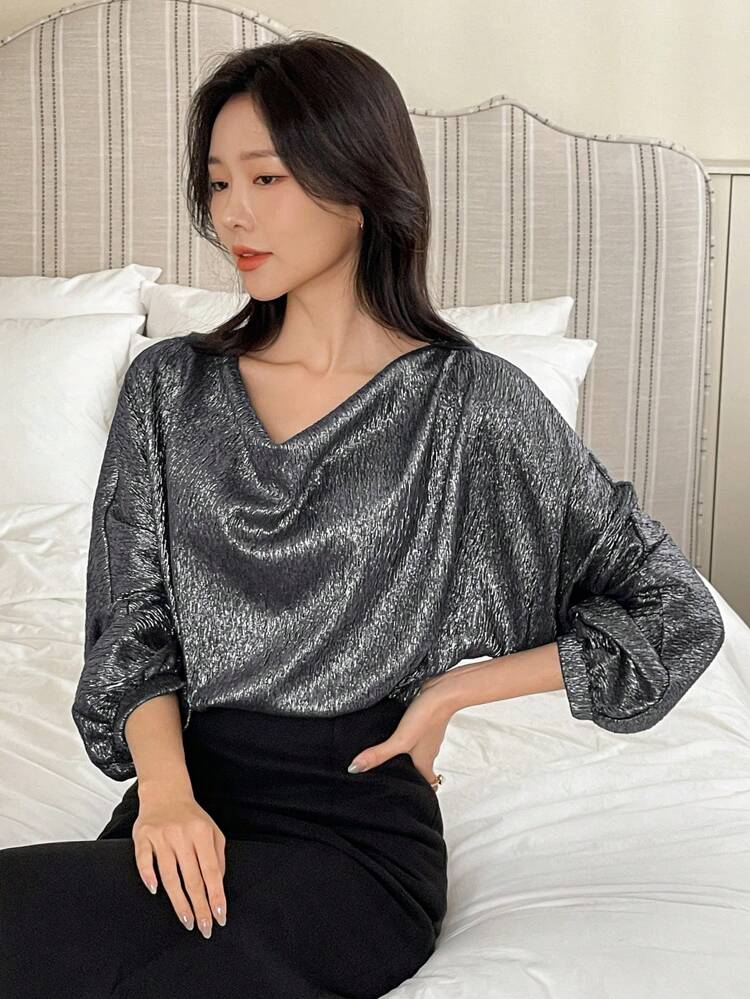 French Elegant Elegant Ruffled Collar Textured Long Sleeve Women Shirt,Fall Women Clothes Luxury Sequin