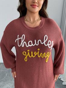 SHEIN LUNE Plus Size Women Solid Color Knit Round Neck Letter Print Long Sleeve Casual Minimalist Sweater Dress, Autumn/Winter Fall Cloth For Women - Multicolor - View 3