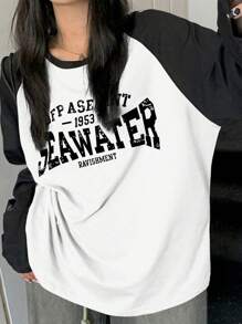 INAWLY Plus Size Women's Casual Contrast Color Letter Print Loose Fit Long Sleeve T-Shirt, Spring & Summer Graphic Tees Women Tops For Spring Fall For Women - Black and White - View 3