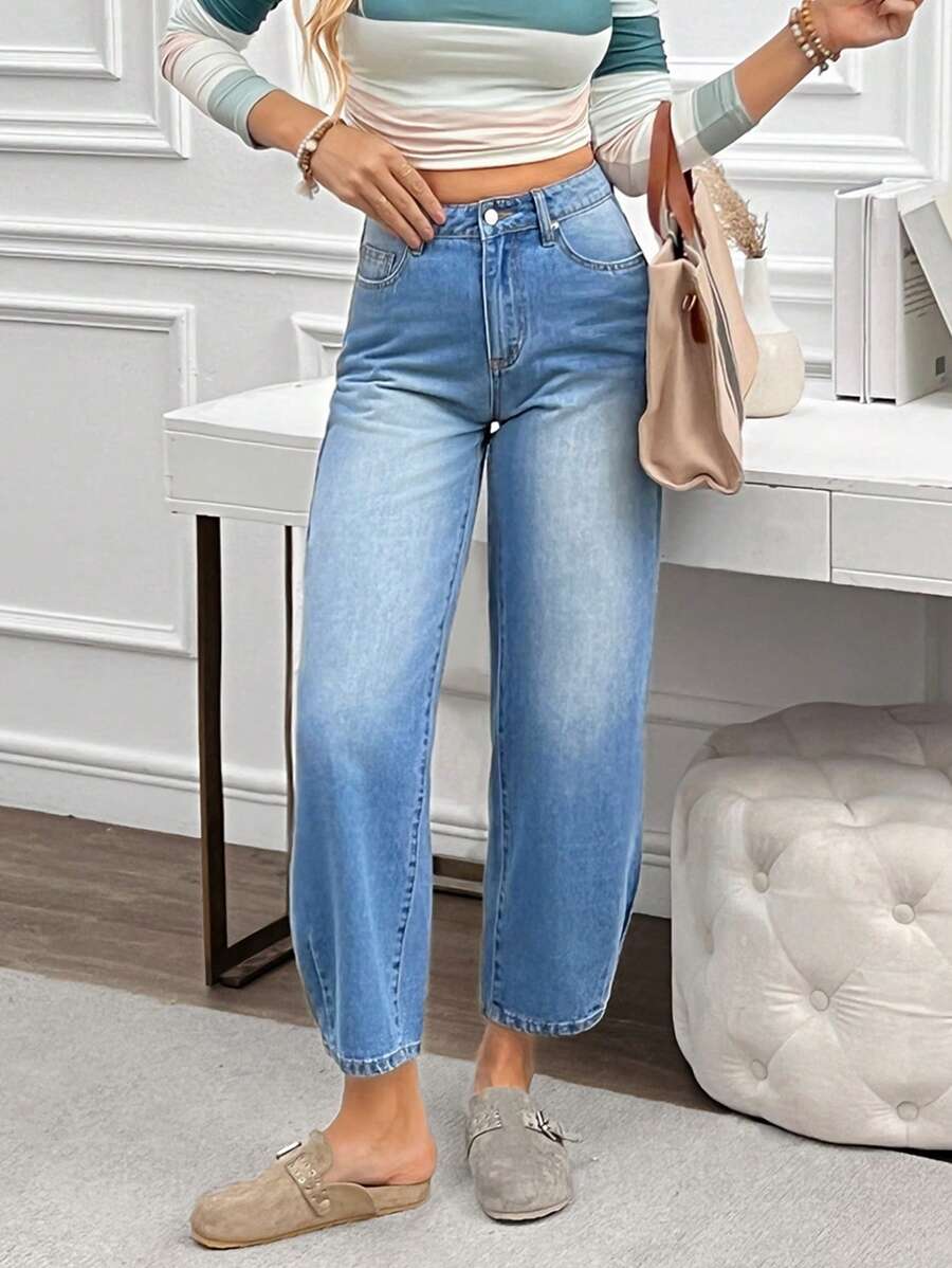 SHEIN LUNE Women's Front Button Pocket Casual Jeans, Simple Design For Daily Wear - Blue - View 1