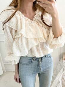 DAZY Women's Textured Fabric Ruffle Collar Casual Blouse, Spring/Summer - Apricot - View 6