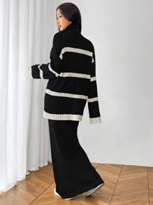 Mulvari 2pcs Women Stripe Pattern Long Sleeve Sweater And Flared Pants Set, Casual Outfit For Autumn/Winter 2 Pieces Set - Black and White - View 10