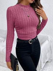SHEIN Frenchy Slim Fit Ribgebreid T-shirt Groen Shirring Met Plooien Aan De Zijkant
