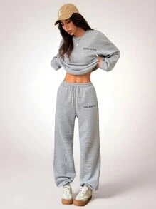 SHEIN Unity Autumn/Winter Casual Letter Print Sweatshirt And Sweatpants Set - Grey - View 4