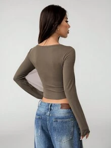 SHEIN MOOSTA Áo thun tay dài cổ tim Essential hiệu ứng giặt, Thu/Đông - Màu xanh Ô liu - Xem 2