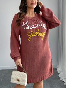 SHEIN LUNE Plus Size Women Solid Color Knit Round Neck Letter Print Long Sleeve Casual Minimalist Sweater Dress, Autumn/Winter Fall Cloth For Women - Multicolor - View 1