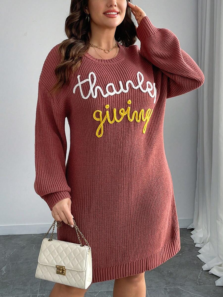 SHEIN LUNE Plus Size Women Solid Color Knit Round Neck Letter Print Long Sleeve Casual Minimalist Sweater Dress, Autumn/Winter Fall Cloth For Women - Multicolor - View 1