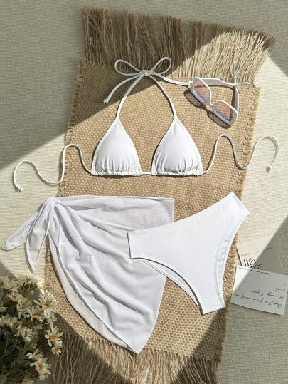 Swim Vcay Conjunto de bikini de 3 piezas de unicolor compuesto por traje de baño con escote halter y lazada, talla grande una falda y una pieza de cobertura para el verano