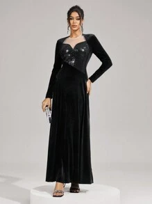 SHEIN Belle 优雅亮片撞色网眼晚礼服，情人节礼服，黑色鸡尾酒会礼服女士圣诞节黑色晚礼服，正式派对礼服，秋冬季黑色性感网眼长袖伴娘服，婚礼宾客礼服 - 黑色 - 查看 4