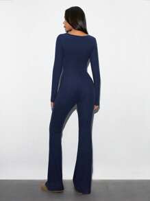 SHEIN Unity 1 件女士海军蓝简约休闲百搭方领长袖喇叭腿和腰部设计连体裤，秋冬 - 藏蓝色 - 查看 2