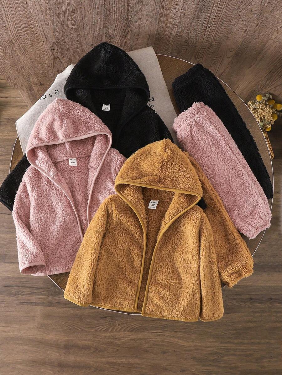 SHEIN 2pcs Baby Boy/Girl Set: Solid Color Knitted Loose Hooded Jacket & Knitted Plush Warm Pants, Buy 1 Get 1 Free - Khaki - View 1