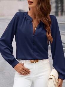 SHEIN Clasi 女士时尚百搭 V 领褶皱长袖衬衫，适合秋冬季通勤和休闲穿着 - 藏蓝色 - 查看 6