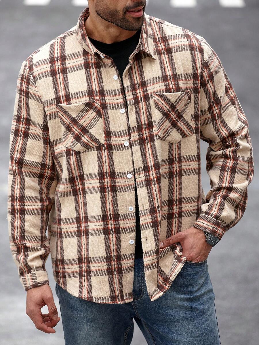 Manfinity Homme Plus Size Men's Autumn Plaid Long Sleeve Single-Breasted Pocket Casual Shirt - Multicolor - View 1