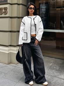 Forever 21 Áo khoác ngoài màu trắng viền đen thời trang thu đông Y2k tay dài dự tiệc năm mới/Đêm giao thừa/Trang phục dạo phố cho nữ - Đen và trắng - Xem 3