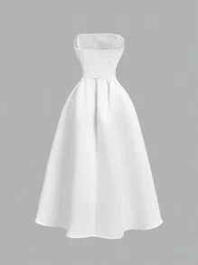 SHEIN MOD 女士白色蝴蝶结露肩中长连衣裙、礼服、舞会礼服、红色连衣裙、连衣裙、伴娘礼服、连衣裙 - 白色 - 查看 2