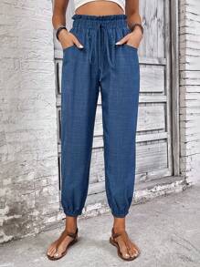 EMERY ROSE Paper Bag Waist Drawstring Cuffed Pants Fall Cloth For Women - Blue - View 4