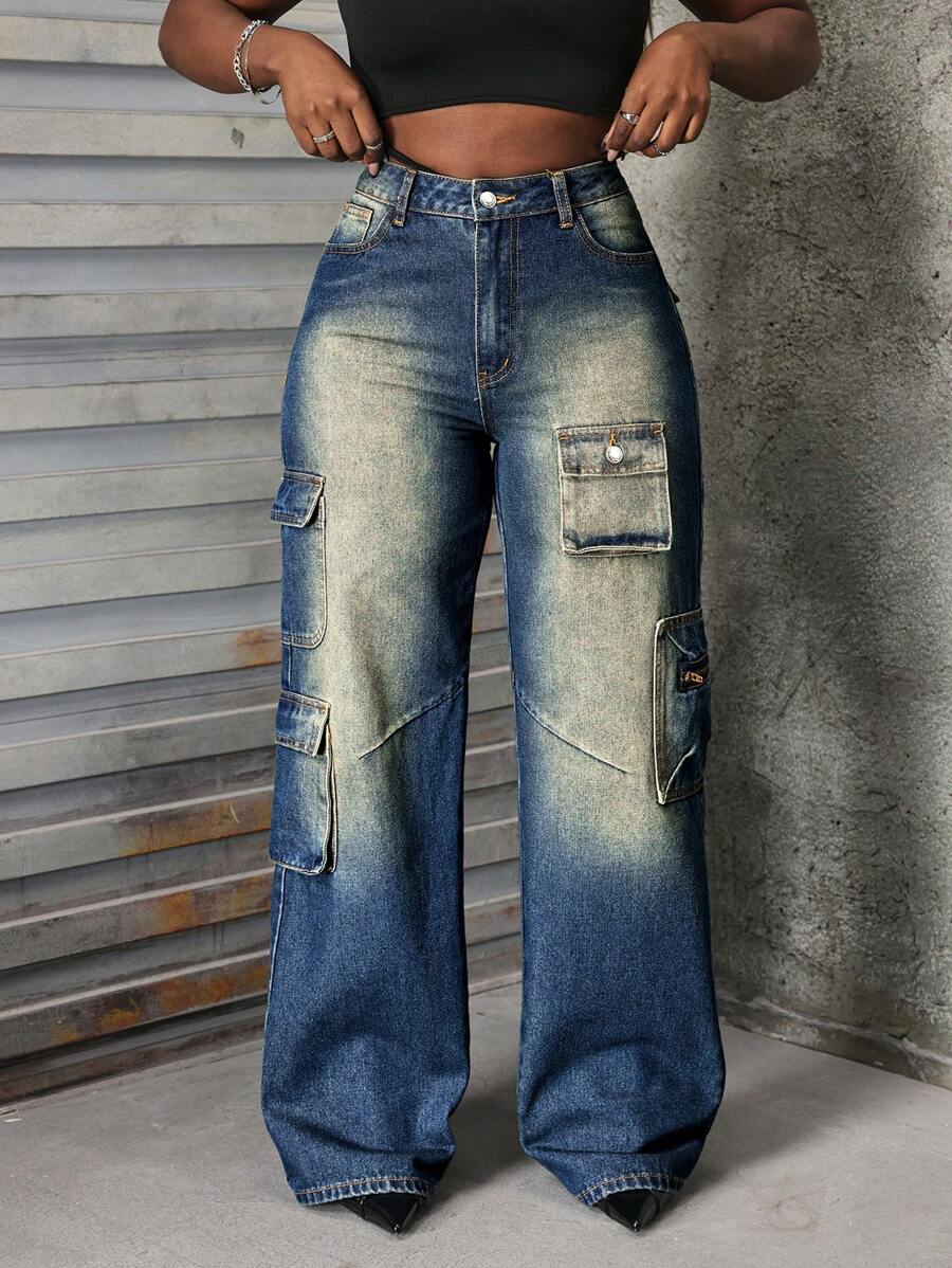 SHEIN Slayr Pantalones rectos de mezclilla con bolsillos cargo, estilo urbano para mujer - Azul - Ver 1